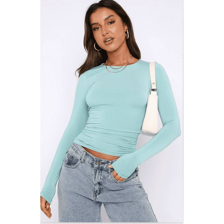 Women Y2k Slim Fit Pullover Crop Tops Long Sleeve Bodycon Cut Out Shirt  Vintage 90s Ribbed Blouse Streetwear 
