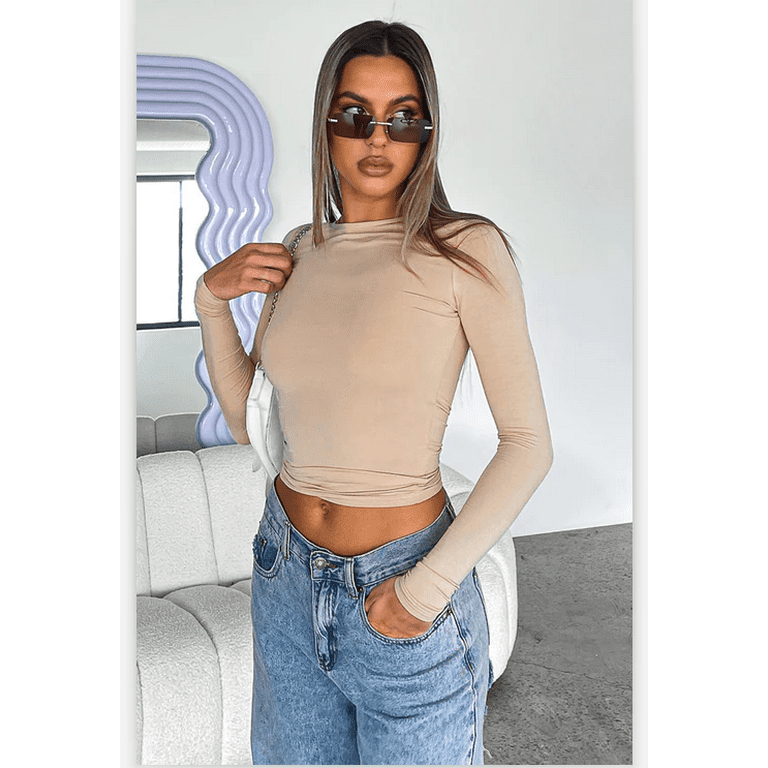 Women Y2k Slim Fit Pullover Crop Tops Long Sleeve Bodycon Cut Out