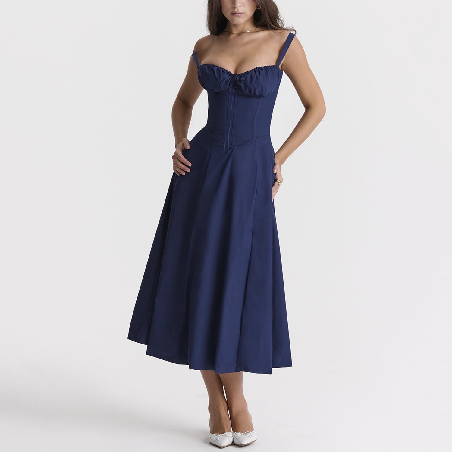 Women Y2k Square Collar Bustier Long Dress Boho Floral Sleeveless Slit