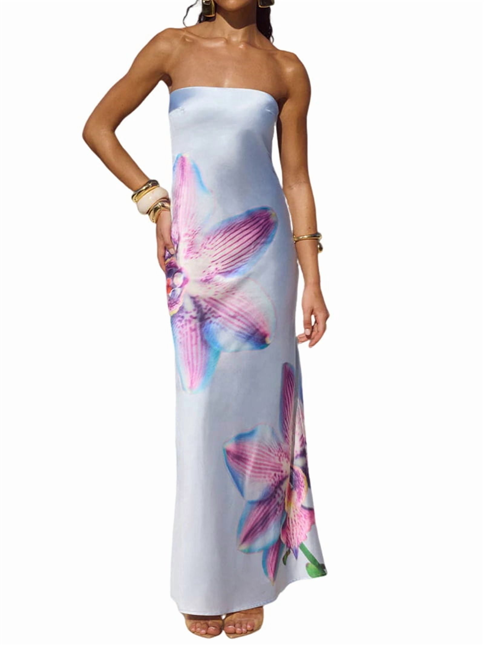 Women Y2k Strapless Maxi Dress Floral Print Tube Long Dress Boho Beach  Sundress Going Out Streetwear Light Blue S - Walmart.com