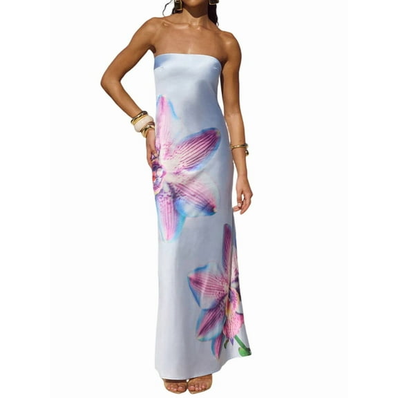 Women Y2k Strapless Maxi Dress Floral Print Tube Long Dress Boho Beach Sundress Going Out Streetwear Light Blue XL