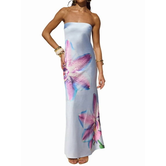 Women Y2k Strapless Maxi Dress Floral Print Tube Long Dress Boho Beach Sundress Going Out Streetwear Light Blue XL