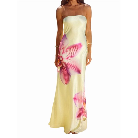 Women Y2k Strapless Maxi Dress Floral Print Tube Long Dress Boho Beach Sundress Going Out Streetwear Light Yellow L