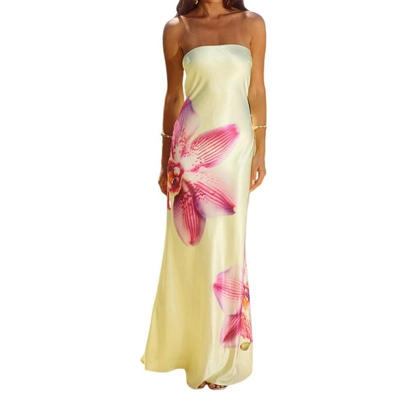 Women Y2k Strapless Maxi Dress Floral Print Tube Long Dress Boho Beach Sundress Going Out Streetwear Light Yellow XL