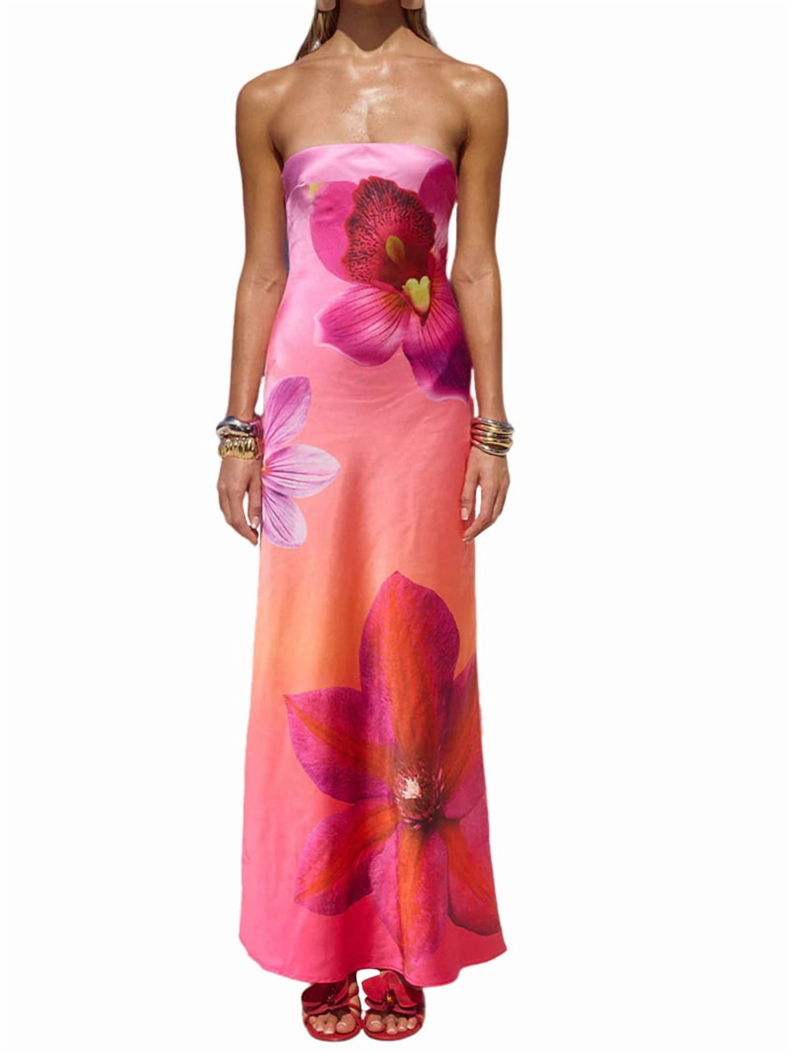 Women Y2k Strapless Maxi Dress Floral Print Tube Long Dress Boho Beach  Sundress Going Out Streetwear Red L - Walmart.com