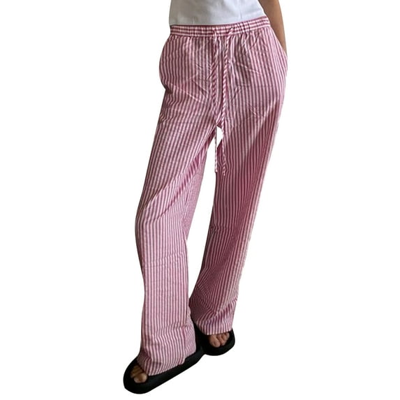 Women Y2k Striped Pants Stripes Print Straight Wide Leg Lounge Pants High Waist Drawstring Trousers Pajama Pants