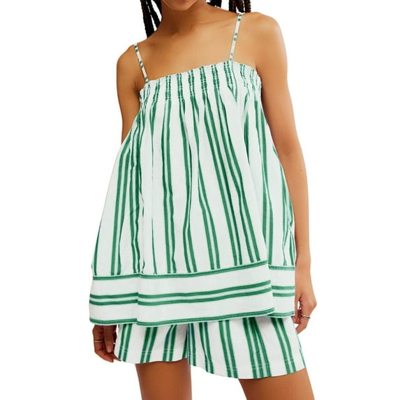 Women Y2k Striped Sleeveless Flowy Hem Crop Top+High Waist Lounge Shorts Set 2 Piece Sleepwear Green M