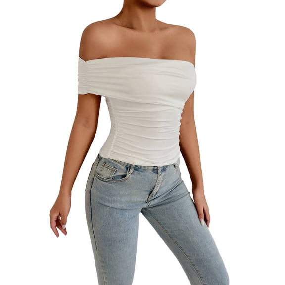 Women Y2k Summer Cute Off Shoulder Tops Going Out Short Sleeve Crop Top Shirts Slim Fit Clothe White L