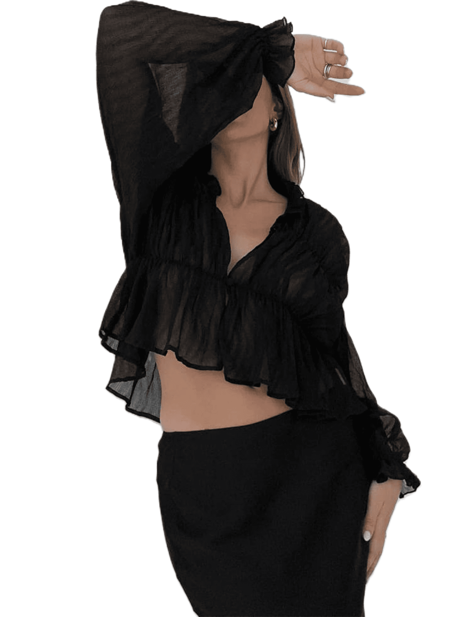 black sheer ruffle top