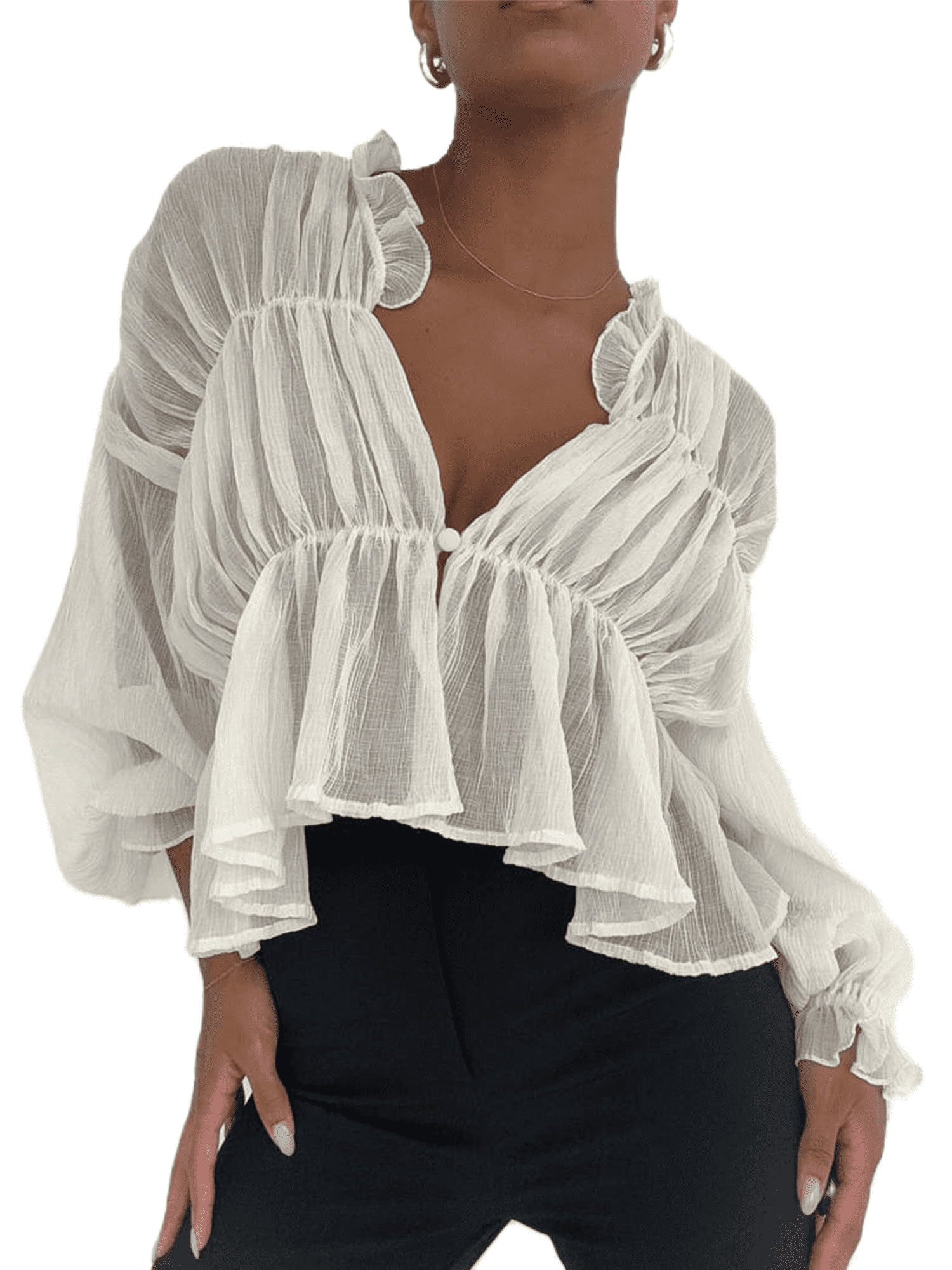 Women Y2k Summer Sheer Ruffle Tops Long Sleeve V Neck Solid Color ...