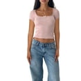 thumbnail image 1 of Women Y2k Summer Slim Fit Crop Tops Lace Trim Short Sleeve Square Neck Show Navel Ribbed T-Shirt, 1 of 5
