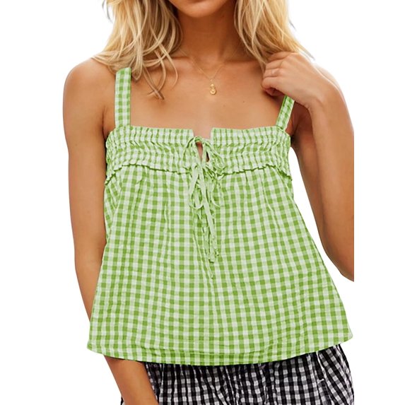 Women Y2k Tank Top Spaghetti Strap Peplum Camisole Sleeveless Tie Front Ruffle Hem Top Streetwear Green M