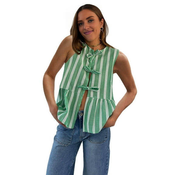 Women Y2k Tie Front Tank Top Sleeveless Blouse Cropped Vest Lace Up Peplum Shirts Going Out Green L