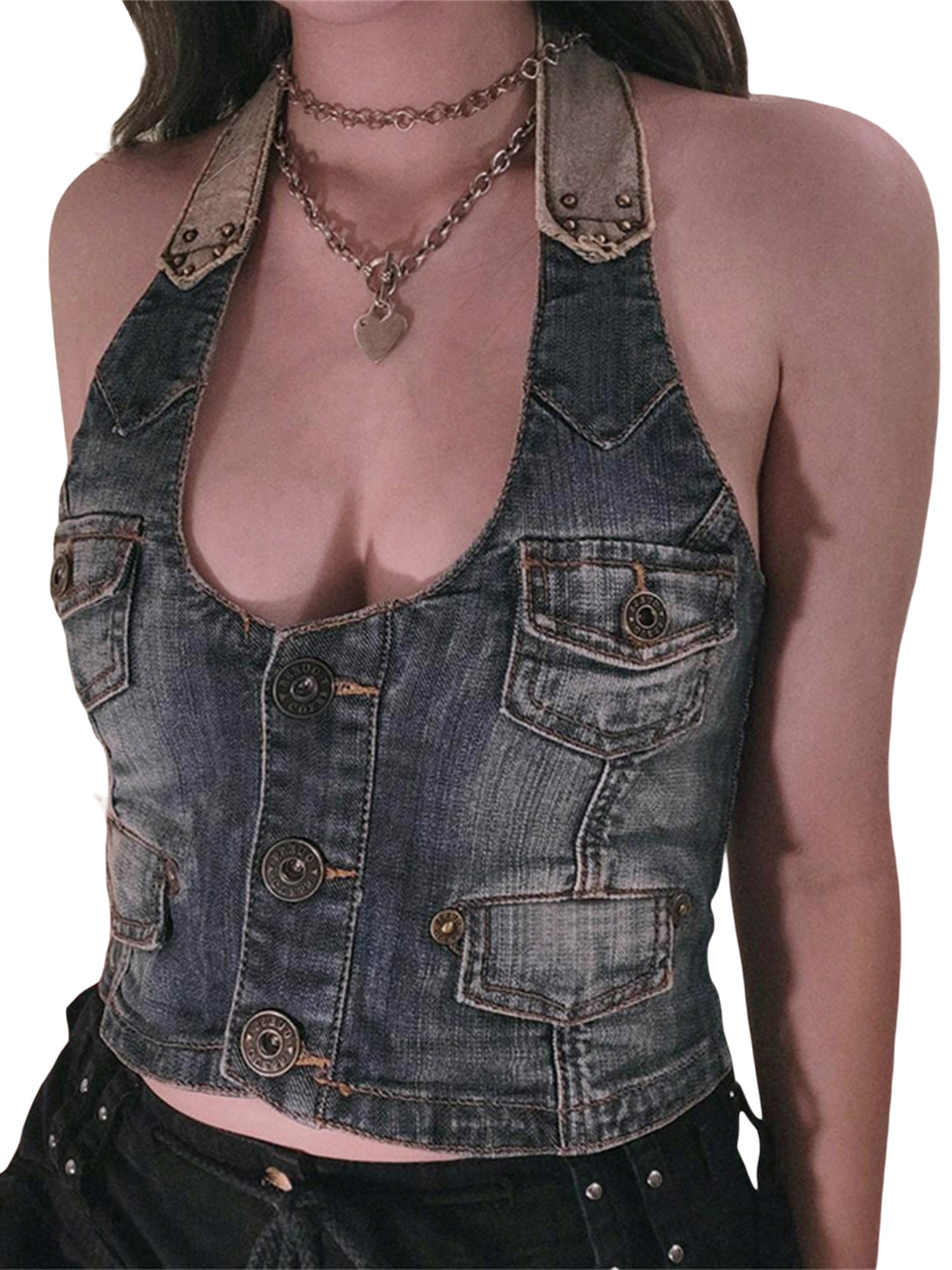 Women Y2k Vintage Crop Denim Vest Sleeveless Halter V Neck Button Summer  Aesthetic Retro Tank Tops