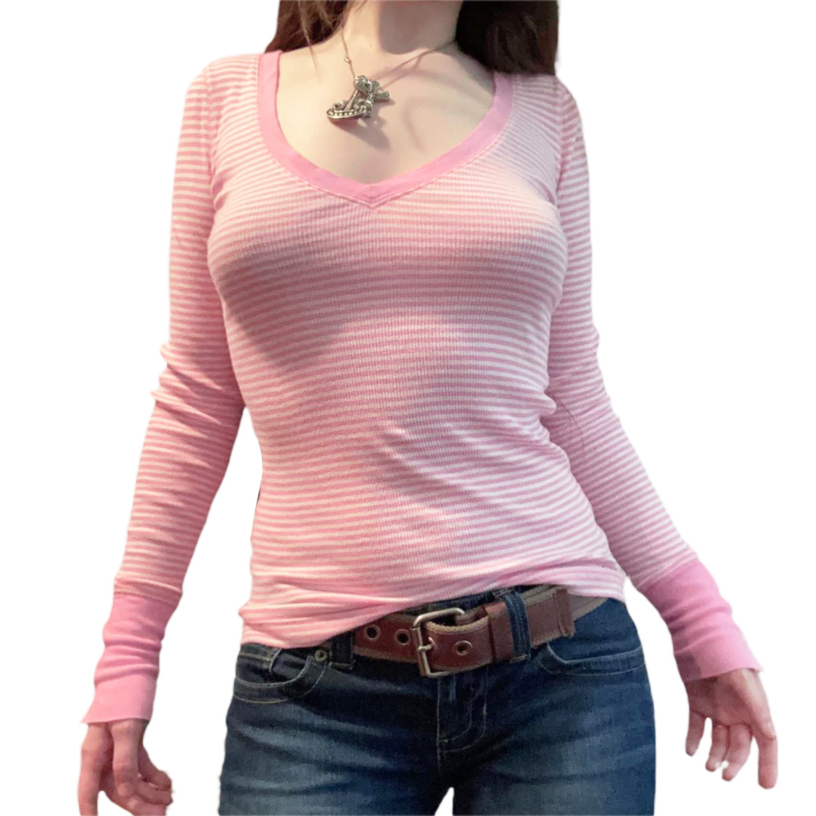 Women Y2k Vintage Crop Tops Slim Fit Pink Striped Long Sleeve V-neck  Pullover Tee Shirt For Club Aesthetics Streetwear