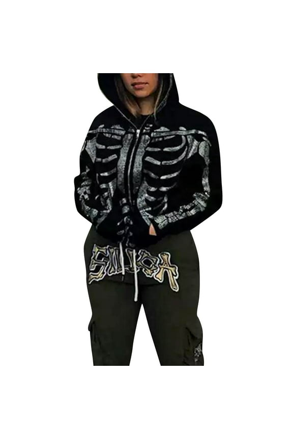 Women Y2k Zip Up Hoodie Skeleton Rhinestone Hooded Sweatshirt Vintage Oversized 90S E-Girl Streetwear Grunge Jacket