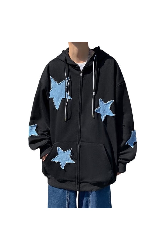 Women Y2k Zip Up Hoodies Star Graphic Long Sleeve Jackets Hip Hop Harajuku Oversized Hooded Sweatshirt Black L