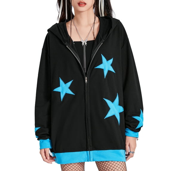 Women Y2k Zip Up Hoodies Stars Pattern Long Sleeve Jacket Casual Oversized Sweatshirts for Teen Girl