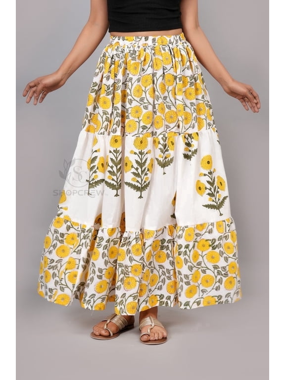 Women Yellow Floral Block Printed Cotton Maxi Skirt with Elastic Waist, Casual Summer Skirt - XS