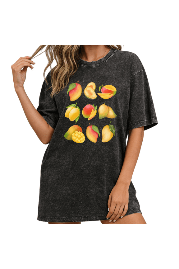 Women Yellow Orange Mango Graphic Tees Cotton Crew Neck Printed T Shirt Tops Mineral Wash Black S-2XL Plus Size