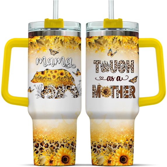 Women Yellow Stainless Coffee Momma Cups Black Butterfly Handle Glitter Steel Print For, Mama Bear Gifts, Tumbler 40 Oz With Handle Lid And Straw, Mama Bear Sunflower Leopard