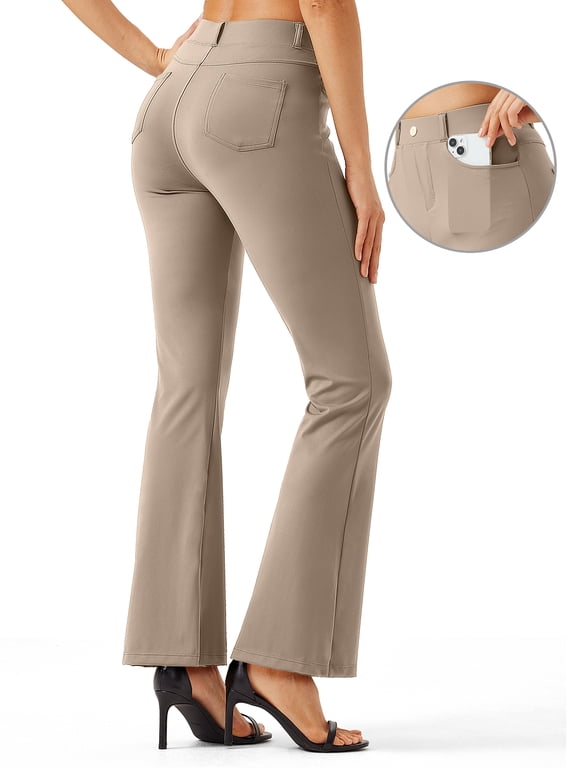 Women Yoga Dress Pants Bootcut Flare Stretch Leggings Work Business Casual Office Pants Belt Loops 4 Pockets Khaki Brown M