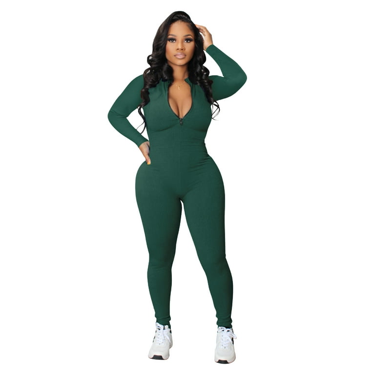 Women Yoga Jumpsuits Long Sleeve Zip V Neck Sports Rompers One Piece  Workout Athletic Jogger Activewear Jumpsuits 