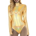 thumbnail image 1 of Women Yoga Jumpsuits Shiny Metallic Leather Neck Long Sleeve Leotard Bodysuit, 1 of 7