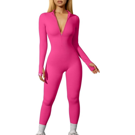 Women Yoga Jumpsuits Workout Ribbed Long Sleeve Zip Front Sport Jumpsuits