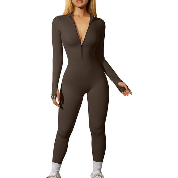 Women Yoga Jumpsuits Workout Ribbed Long Sleeve Zip Front Sport Jumpsuits