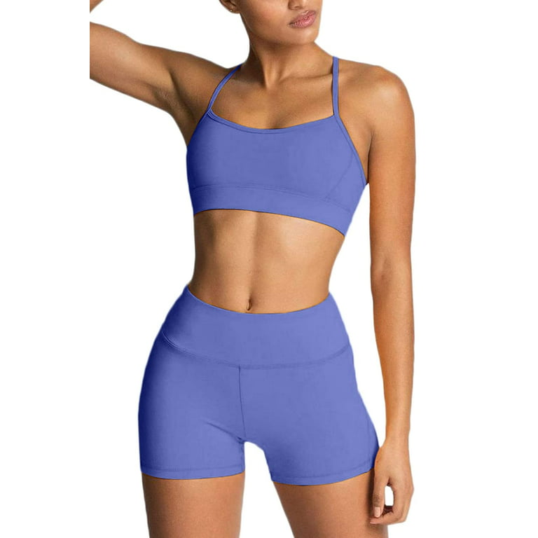 Women Yoga Outfits 2 Piece Workout Sets High Waist Running Biker Shorts  with Adjustable Sport Bra Set Gym Clothes Tracksuit Large Blue