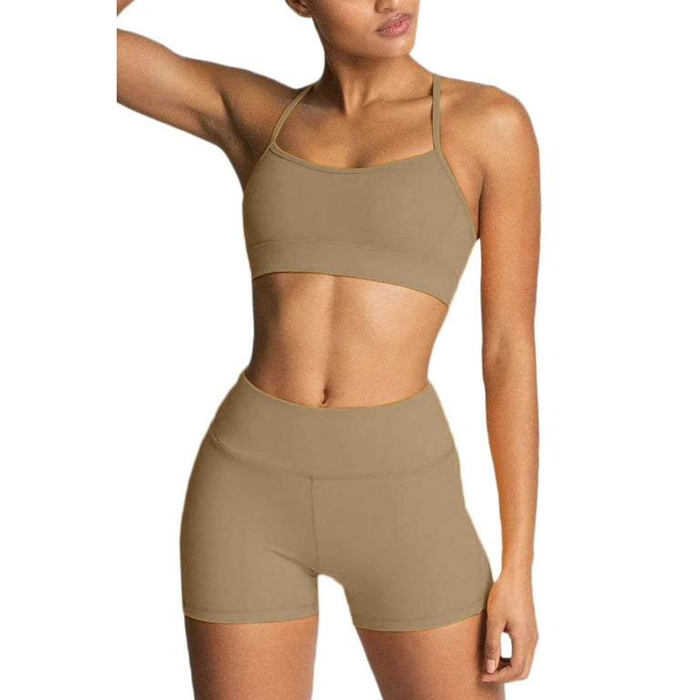 Women Yoga Outfits 2 Piece Workout Sets High Waist Running Biker Shorts  with Adjustable Sport Bra Set Gym Clothes Tracksuit Small Khaki 