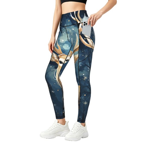 Women Yoga Pants Athletic Workout Gym Jogging Fitness Running Tights, Antler Whitetail Deer Hunting Art