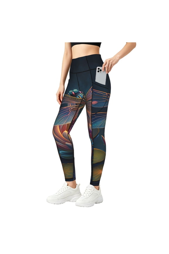 Women Yoga Pants Athletic Workout Gym Jogging Fitness Running Tights, Dragonfly Lotus Cool Art
