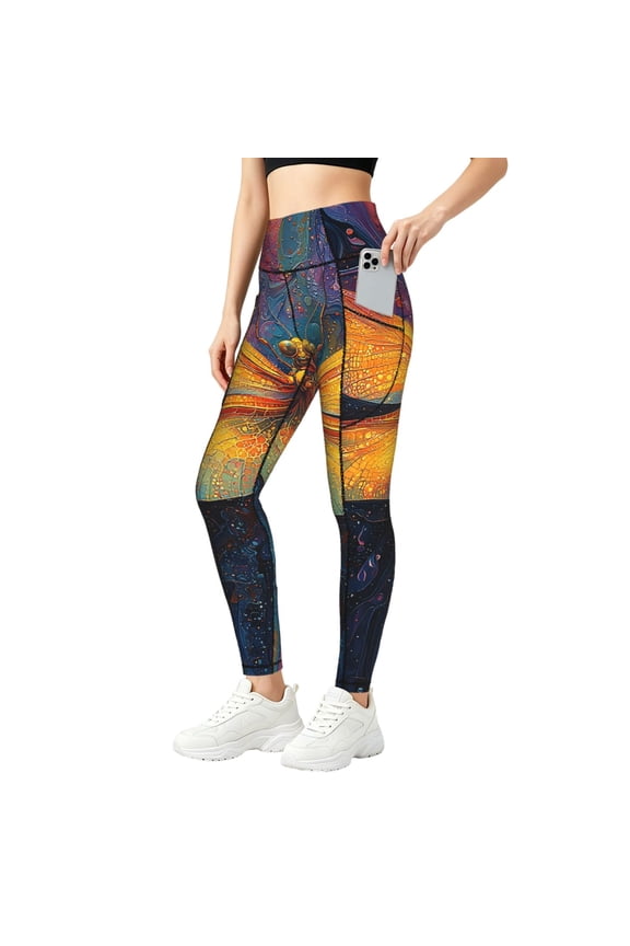 Women Yoga Pants Athletic Workout Gym Jogging Fitness Running Tights, Dragonfly Psychedelic Abstract