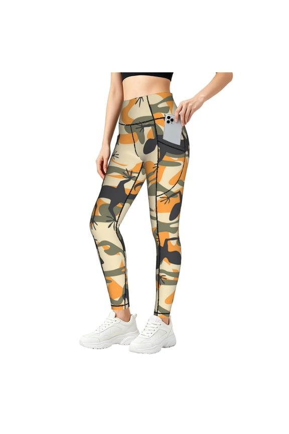 Women Yoga Pants Athletic Workout Gym Jogging Fitness Running Tights, Lizard Camouflage Camo