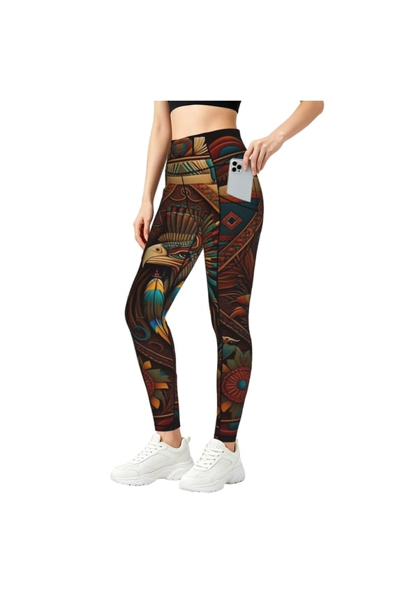 Women Yoga Pants Athletic Workout Gym Jogging Fitness Running Tights, Southwestern Ethnic Art Native