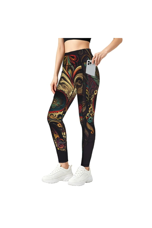 Women Yoga Pants Athletic Workout Gym Jogging Fitness Running Tights, Sugar Skull Paisley Mexican Skulls