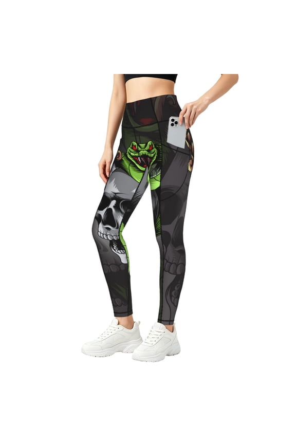 Women Yoga Pants Athletic Workout Gym Jogging Fitness Running Tights, Sword Pierced Skull With Snake