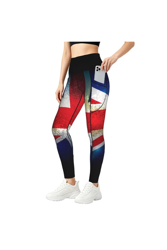 Women Yoga Pants Athletic Workout Gym Jogging Fitness Running Tights, Union Jack United Kingdom Flag Vintage