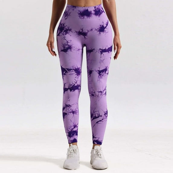 Women Yoga Pants Slimming Booty Sculpting Fitness Workout Sports Gym Trousers Elastic High Waist Print Leggings (S, Purple-A)