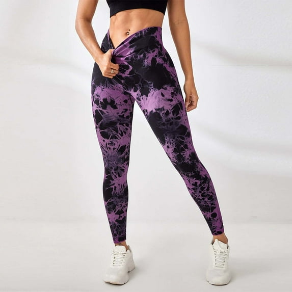Women Yoga Pants Slimming Booty Sculpting Fitness Workout Sports Gym Trousers Elastic High Waist Print Leggings (S, Purple)