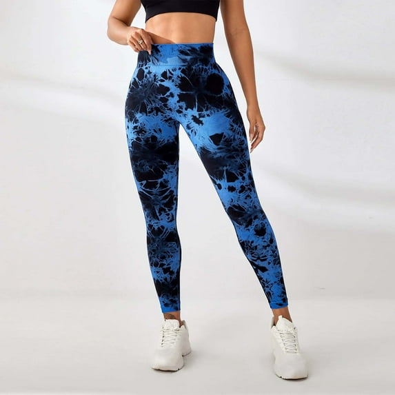 Women Yoga Pants Slimming Booty Sculpting Fitness Workout Sports Gym Trousers Elastic High Waist Print Leggings (XS, Blue)