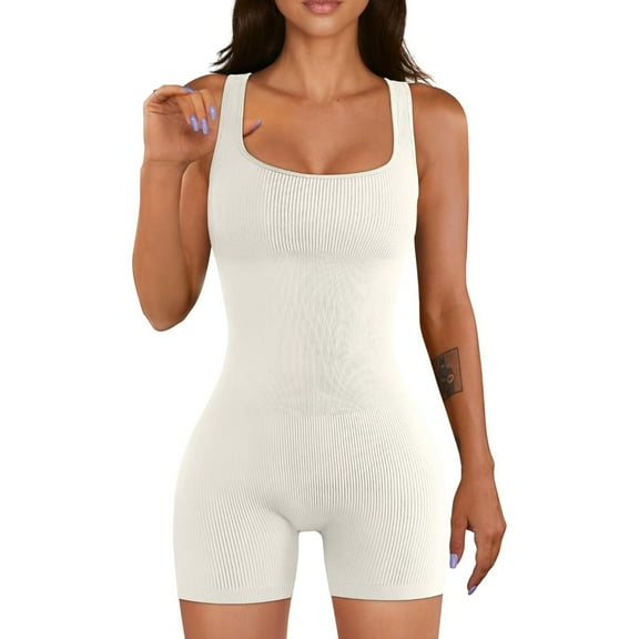 Women Yoga Rompers Workout Ribbed Square Neck Sleeveless Sport Romper