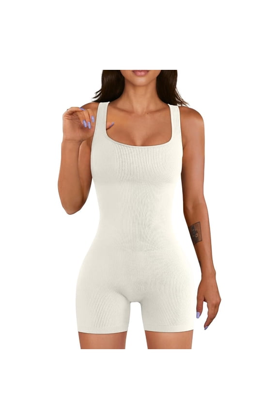Women Yoga Rompers Workout Ribbed Square Neck Sleeveless Sport Romper