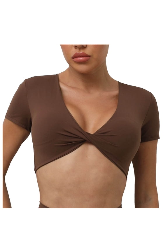 Women Yoga Short Sleeve T Shirt Nylon Spandex V Neck for Fitness and Workout