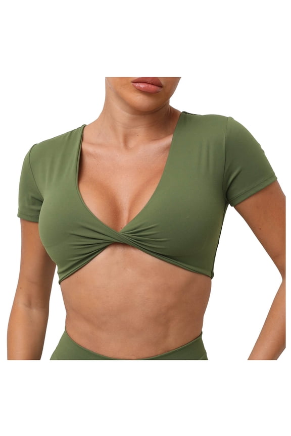 Women's Yoga Short Sleeve Tight V-Neck Sports T-Shirt - High Strength Fitness Clothing with Padded Support, True to Size (S-L)