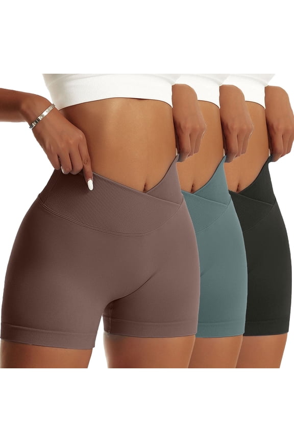 Women Yoga Shorts 3 Pieces V Cross High Waist Sport Shorts Workout Seamless Athletic Booty Scrunch Gym Shorts