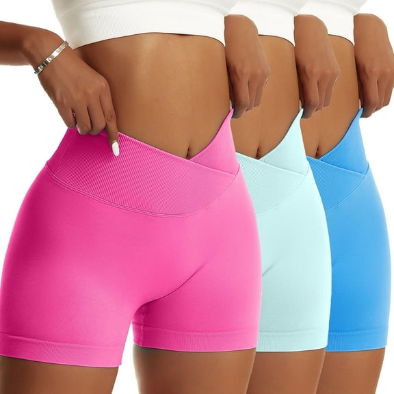 OVESPORT Women Yoga Shorts 3 Pieces V Cross High Waist Sport Shorts Workout Seamless Athletic Booty Scrunch Gym Shorts