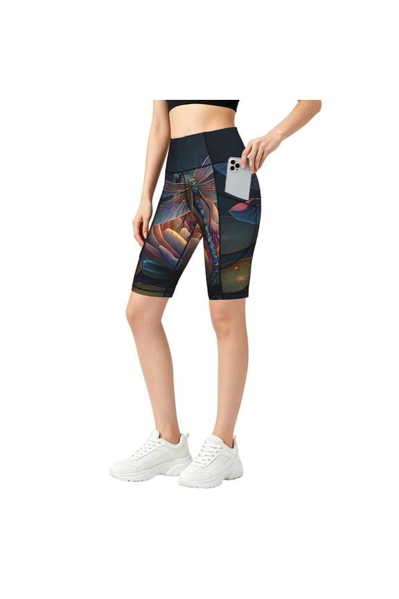 Women Yoga Shorts Casual Workout Gym Running Biker Athletic Shorts, Dragonfly Lotus Cool Art
